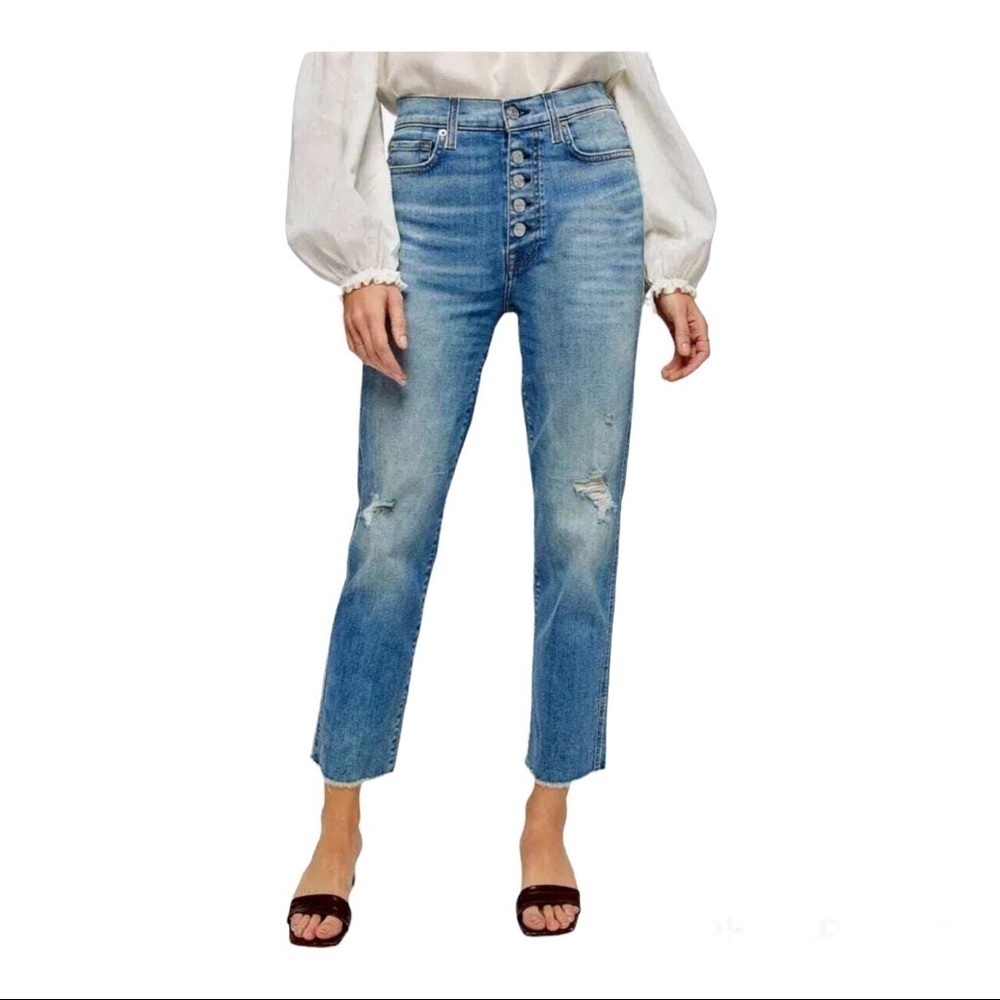 7 FOR ALL MANKIND BUTTON FLY STRAIGHT BLUE DISTRESS CROPPED JEANS SIZE 30